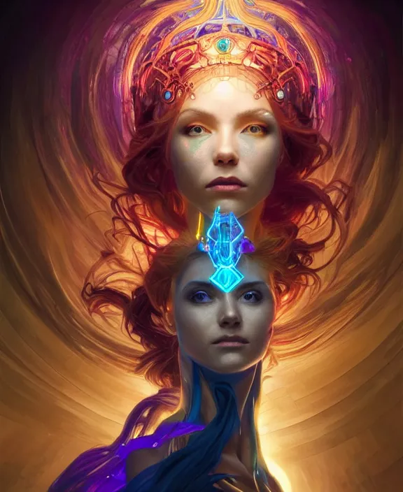 Image similar to a whirlwind of souls rushing inside the metaverse, half body, glowin eyes, tiara with sapphire, pharaoh, android, cyberpunk, d & d, fantasy, intricate, elegant, highly detailed, colorful, vivid color, digital painting, artstation, concept art, art by artgerm and greg rutkowski and alphonse mucha and ruan jia