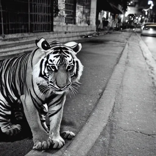 Prompt: photograph of a tiger smoking a joint in the streets of Dhaka at night