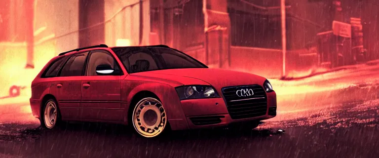 Image similar to Audi A4 B6 Avant (2002), eldritch horror anomaly, a gritty neo-noir, dramatic lighting, cinematic, eerie person, death, homicide, homicide in the snow, gunshots, establishing shot, extremely high detail, photorealistic, red fog, chaos, arson, burning city, cinematic lighting, artstation, by simon stalenhag, Max Payne (PC) (2001) winter New York at night, In the style of Max Payne 1 graphic novel, flashing lights, Poets of the Fall - Late Goodbye