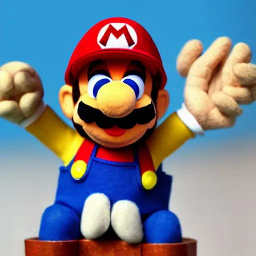 Image similar to A still of Super Mario as a muppet, photo real, photographic, photograph, artstation, trending, featured