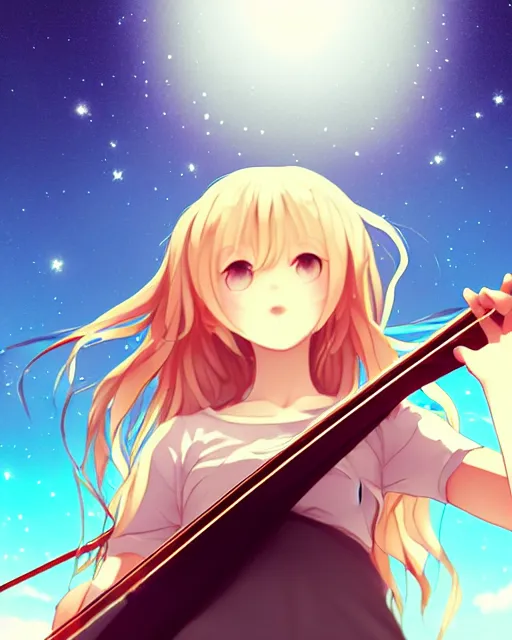 Image similar to teen, cute, melancholy, full body, cat girl, white skin, golden long wavy hair, holding a violin and playing a song, stunning art style, filters applied, lunar time, night sky, trending art, sharp focus, centered, landscape shot, fate zero, simple background, studio ghibly makoto shinkai yuji yamaguchi, by wlop