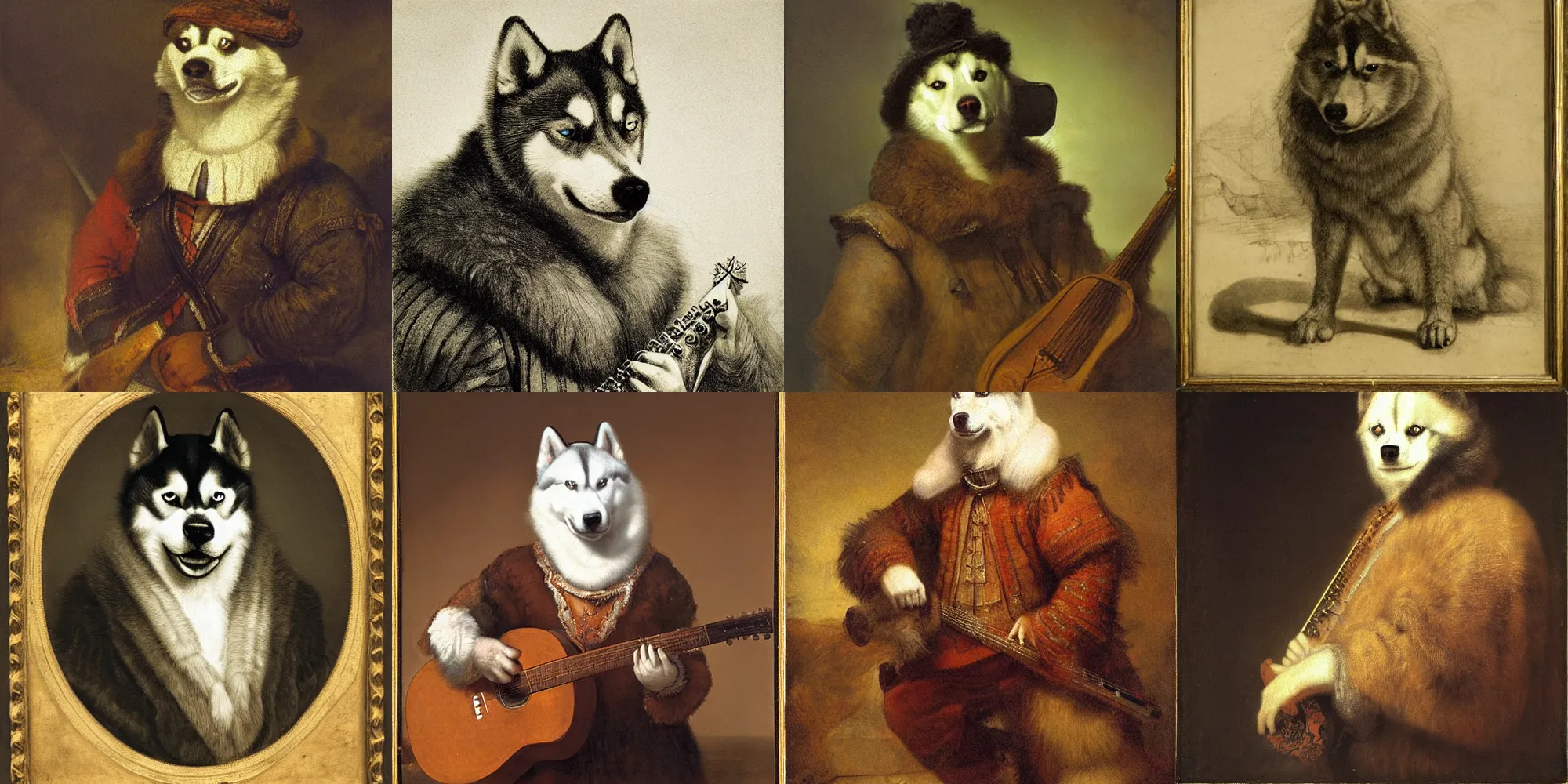 Prompt: A portrait of an anthropomorphic siberian husky bard by Rembrandt, Carl Friedrich Deiker, and Robert Cleminson