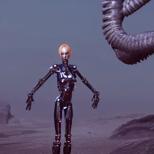 Image similar to a female woman, synthetic cyborg monster with large eyes, standing on a martian landscape, cinematic movie scene, inspired by the movie the fifth element, by kim jung gi, hyperrealistic, fine details, octane render, volumetric lighting