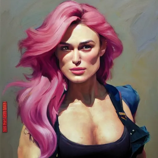 Prompt: greg manchess portrait painting of confident keira knightley with pink hair as beautiful thick muscular female bodybuilder zarya from overwatch, medium shot, asymmetrical, profile picture, organic painting, sunny day, matte painting, bold shapes, hard edges, street art, trending on artstation, by huang guangjian and gil elvgren and sachin teng