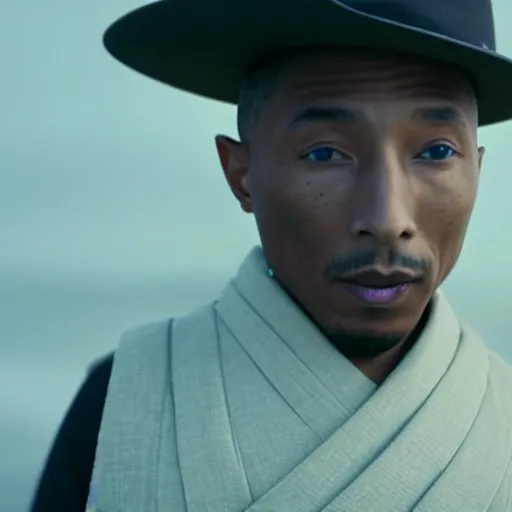 Prompt: cinematic film still Pharrell Williams starring as a Samurai that is on fire, Japanese CGI, VFX, 2003, 40mm lens, shallow depth of field,film photography