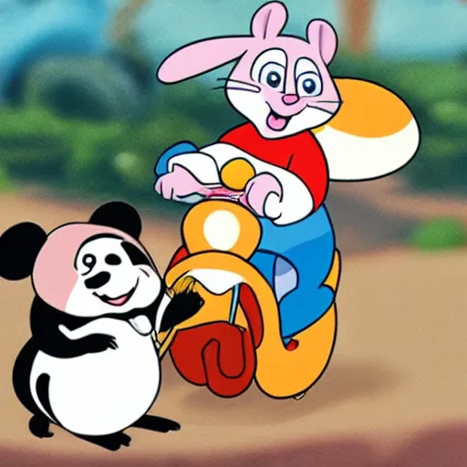 Image similar to jerry mouse is riding a panda, cartoon tom and jerry series