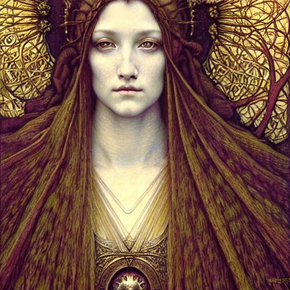 Image similar to detailed realistic beautiful young medieval queen face portrait by jean delville, gustave dore and marco mazzoni, art nouveau, symbolist, visionary, gothic, pre - raphaelite. horizontal symmetry