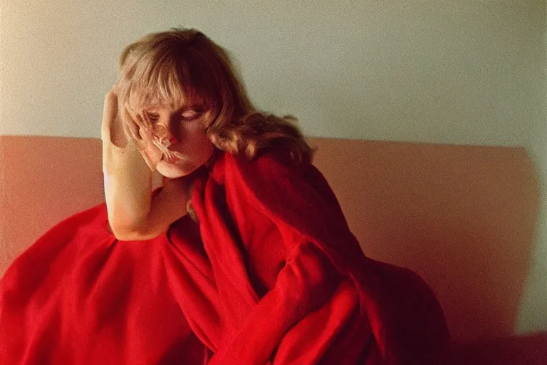 Image similar to film photography from 7 0 s, close - up portrait of fashion model in red room, soft light, golden hour, in style of joel meyerowitz