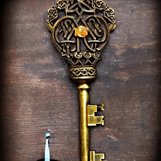 Prompt: a large ornate key with gems and engraved runes, next to a candle on a rough wooden dungeon table, very dark, candlelig, d & d, photo