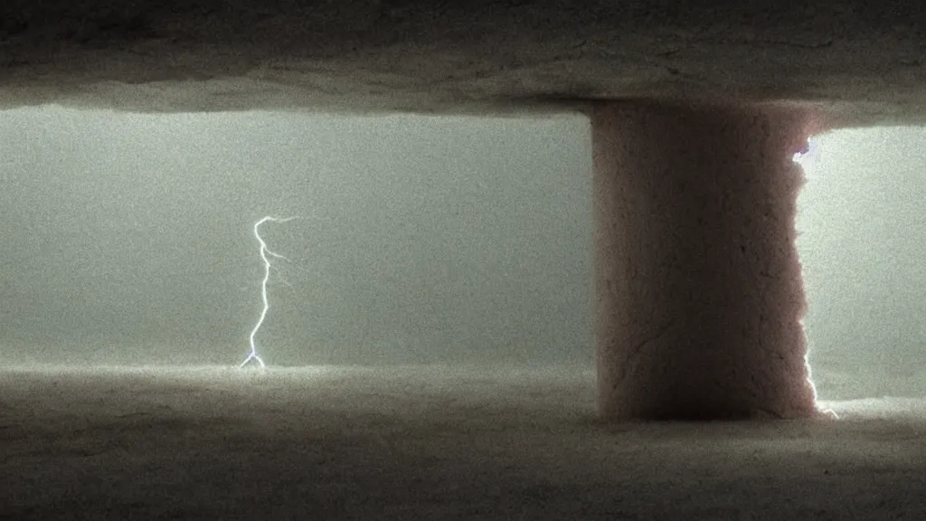 Image similar to lightning inside of a bottle, n the cellar film still from the movie directed by denis villeneuve and david cronenberg with art direction by salvador dali and zdzisław beksinski, wide lens