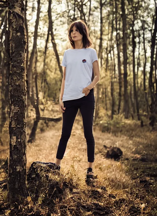 Image similar to a woman, in nature, backlit, wearing pants and a t-shirt, backlit, photo by Marat Safin, Canon EOS R3, f/1.4, ISO 200, 1/160s, 8K, RAW, unedited, symmetrical balance, in-frame