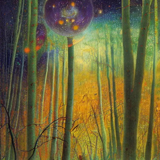Prompt: psychedelic lush pine forest, outer space, milky way, amber eyes cat eyes designed by arnold bocklin, jules bastien - lepage, tarsila do amaral, wayne barlowe and gustave baumann, cheval michael, trending on artstation, star, sharp focus, colorful refracted sparkles and lines, soft light, 8 k 4 k