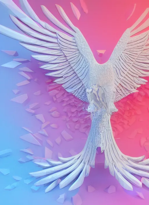 Prompt: white phoenix orange pink indigo salt crystals sharp detail 3d render simple background graphic ultra simplified deco design fai khadra gaika style