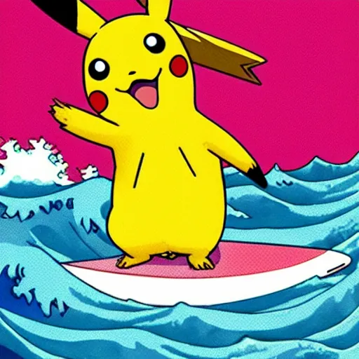 Image similar to pikachu surfing on the great wave