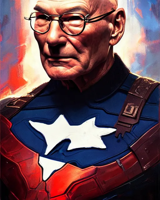 Image similar to a highly detailed portrait of Sir Patrick Stewart as Captain America, by greg rutkowski and android jones in a surreal portrait style, oil on canvas, ancient cyberpunk 8k resolution, masterpiece