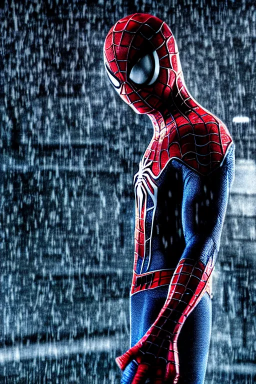 Image similar to cinematic of liam neeson as spiderman, dramatic rain, 8 k, moody lighting