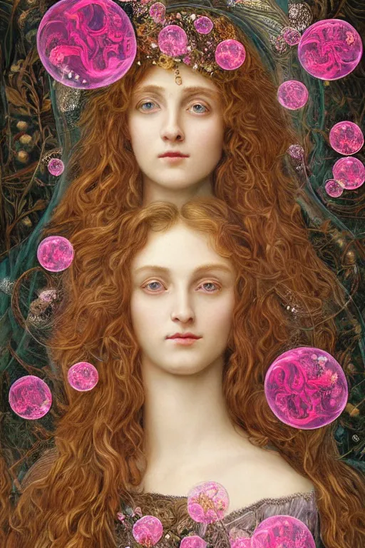 Image similar to elaborately Hyper detailed pre-raphaelite illustration of an extremely beautiful regal young attractive woman, surreal, flowers, pink bubbles, bright background, moonlight, very coherent symmetrical artwork high fantasy professionally painted digital art painting, smooth, sharp focus, highly detailed illustration highlights, golden ratio, 8K detail post-processing, symmetrical facial features, rich deep moody colors, award winning picture, trending on ArtstationHQ
