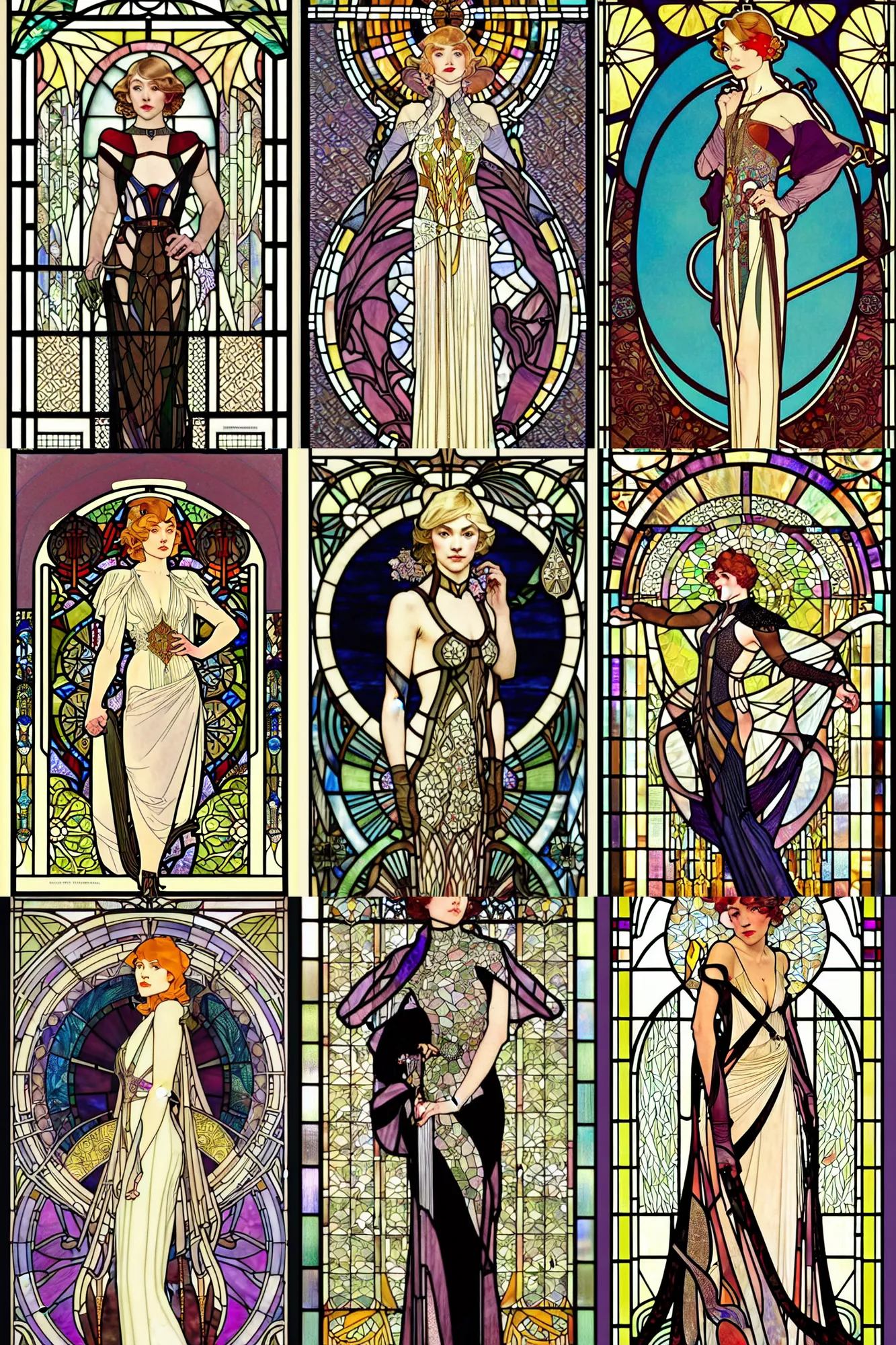 Prompt: full - body stained glass artwork, imogen poots paladin, by tran nguyen, coles phillips, alphonse mucha. art nouveau neo - gothic stained glass by mucha. dota. swirly intricate glass linework background. gaudy colors, sharp edges. ultra clear detailed. 8 k. elegant. octane render