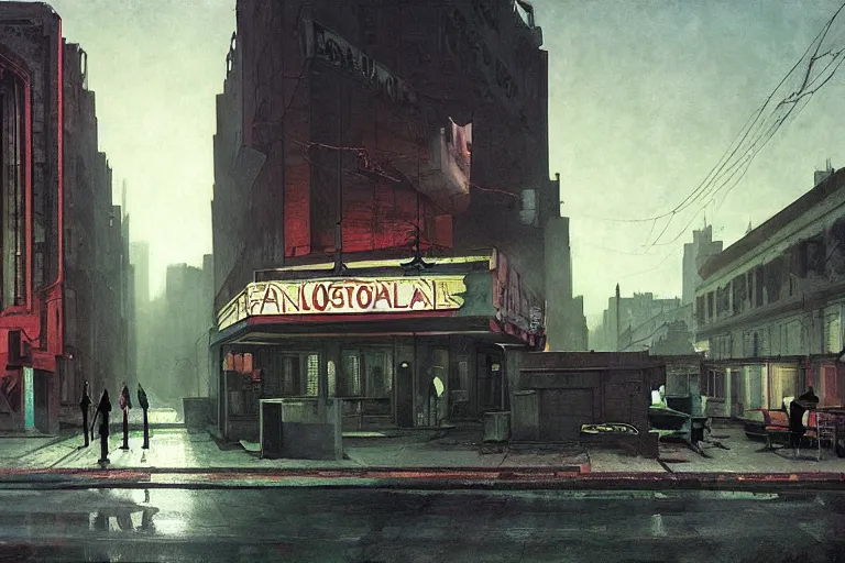 Prompt: detailed ultra - realistic graphic novel illustration of postapocalyptic nightclub by edward hopper and gregory crewdson, cinematic, muted colors, cinematic fog, full shot, george adult, carel willink, ian miller, wayne barlowe, greg rutkowski, norman rockwell