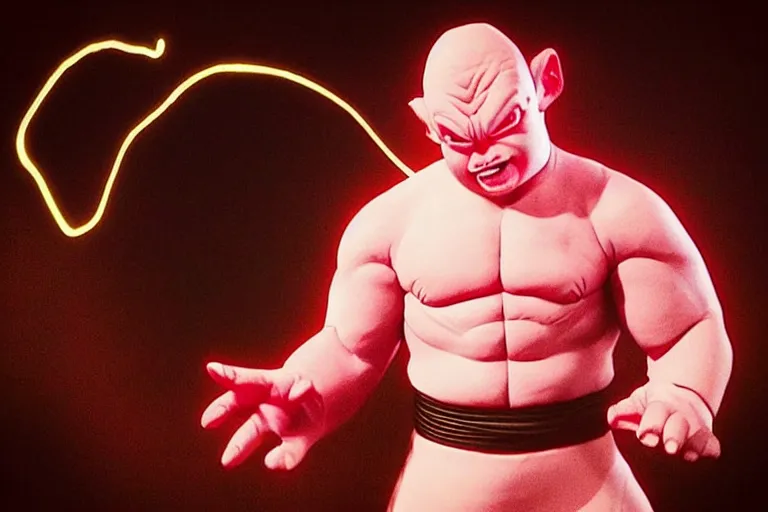 Prompt: “Andy Serkis as Majin Buu from Dragonball Z. Film Adaptation. Photorealistic. Dramatic lighting.”