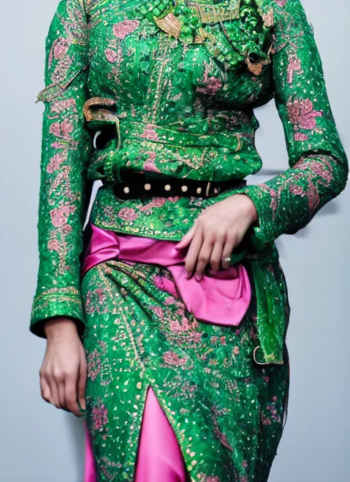 Prompt: portrait of lady gaga wearing green kebaya with pink silk belt and batik skirt, by charlotte grimm, natural light, detailed face, beautiful features, symmetrical, canon eos c 3 0 0, ƒ 1. 8, 3 5 mm, 8 k, medium - format print, half body shot