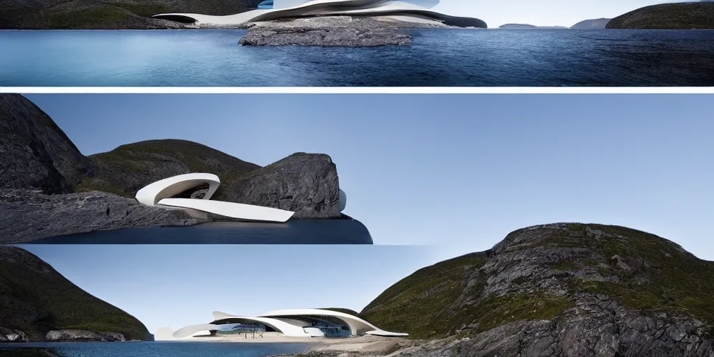 Image similar to modern norwegian fjord beach house designed by zaha hadid, contemporary architecture, photography