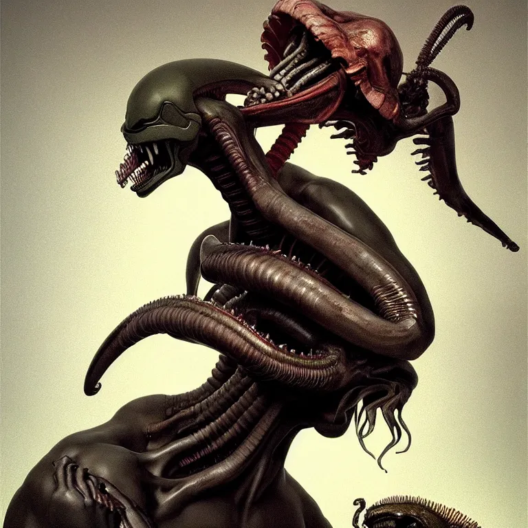 Image similar to portrait of a beautiful man kissing xenomorph by hieronymus bosch, soft bloom lucid dream - like ethereal dark atmosphere, baroque portrait painting, perfect composition, intricate detailed octane render trending on artstation, 8 k artistic photography, volumetric cinematic perfect light, chiaroscuro, masterpiece, raphael, caravaggio, rutkowski, beeple, beksinski