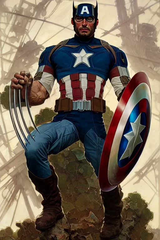 Image similar to wolverine as captain america, intricate, futuristic, fantasy, elegant, by Stanley Artgerm Lau, greg rutkowski, thomas kindkade, alphonse mucha, loish, norman Rockwell,