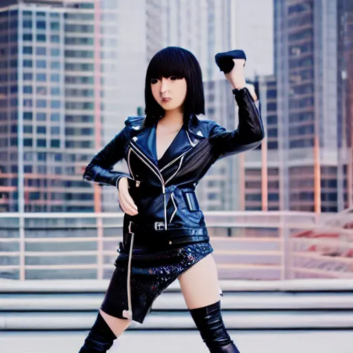 Image similar to a dynamic, epic cinematic 8K HD movie shot of a japanese beautiful cute young J-Pop idol actress yakuza rock star girl wearing leather jacket, miniskirt, nylon tights, high heels boots, gloves and jewelry. Motion, VFX, Inspirational arthouse, at Behance, with Instagram filters