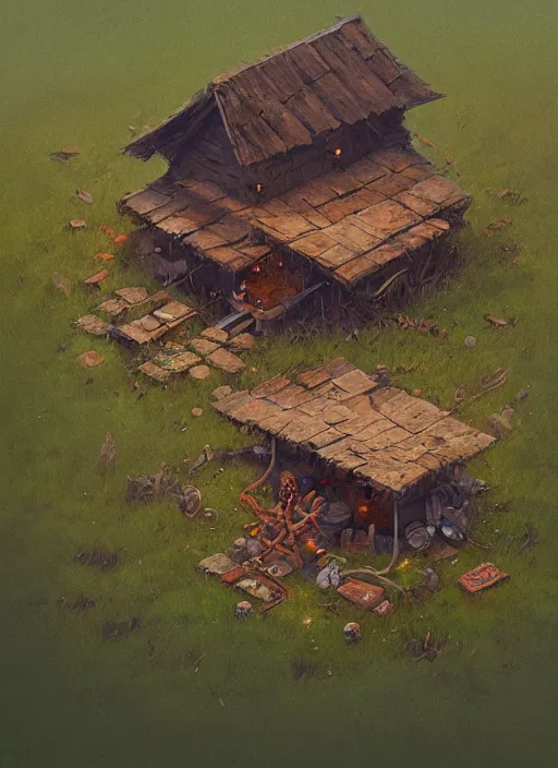 Image similar to hut with chicken legs, greg rutkowski, zabrocki, karlkka, jayison devadas, trending on artstation, 8 k, ultra wide angle, zenith view, pincushion lens effect