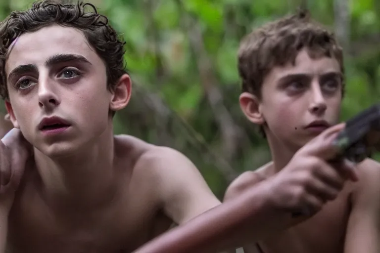 Prompt: timothee chalamet plays ralph in the live action adaptation of lord of the flies, red weapon 8 k s 3 5, cooke anamorphic / i lenses, highly detailed, cinematic lighting