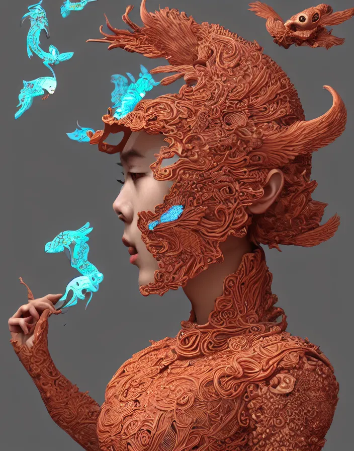 Image similar to 3 d goddess medium shot profile portrait. beautiful intricate highly detailed korean gumiho mask and traditional korean hanbok. stingray, magpie, stingray, magpie, bioluminescent, plasma, lava, ice, water, wind, creature, fog, artwork by tooth wu and wlop and beeple and greg rutkowski, 8 k trending on artstation,