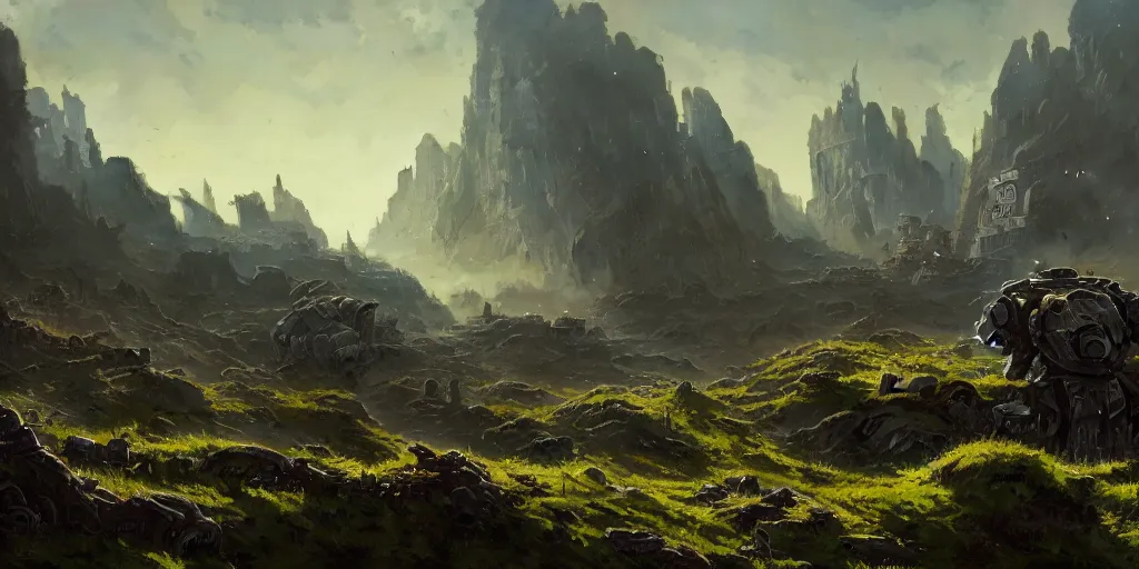 Prompt: the concept illustration of wasteland, ruins after the battle, desolate world, moss creeping up the ruins, huge mountains in the distance, the broken remains of mechs, greg rutkowski, james gurney, johannes voss, john harris, alena aenami artworks in 4 k