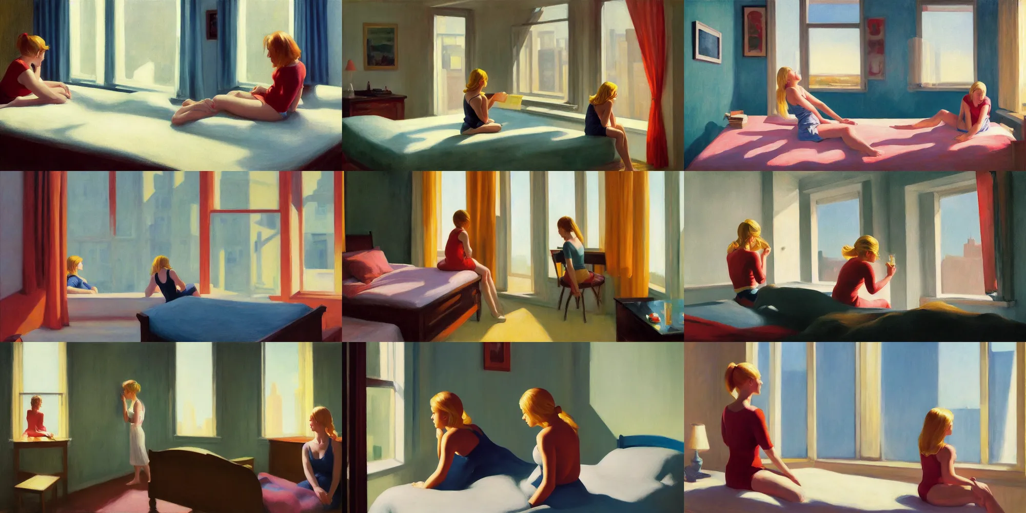 Prompt: full body view of a girl with blond hair sitting on the corner of the bed and looking out the window, dawn sun, art by edward hopper. cinematic, american realism, hyper realism, high detail, iridescent accents