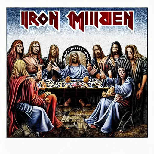 Prompt: the last supper, iron maiden cover album, with undeads