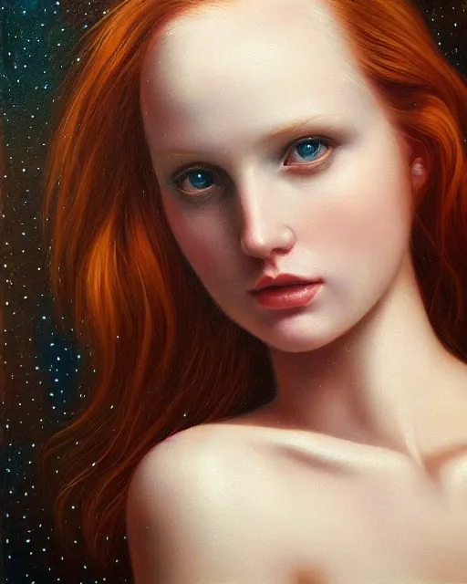 Prompt: hyperrealism oil painting, close - up portrait of redhead fashion model with pale skin in soft light, classicism style, space galaxy background, by mike dargas