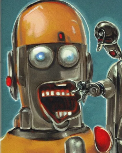 Image similar to keychain of artist screaming at robot, ebay listing, product picture, new, thumbnail