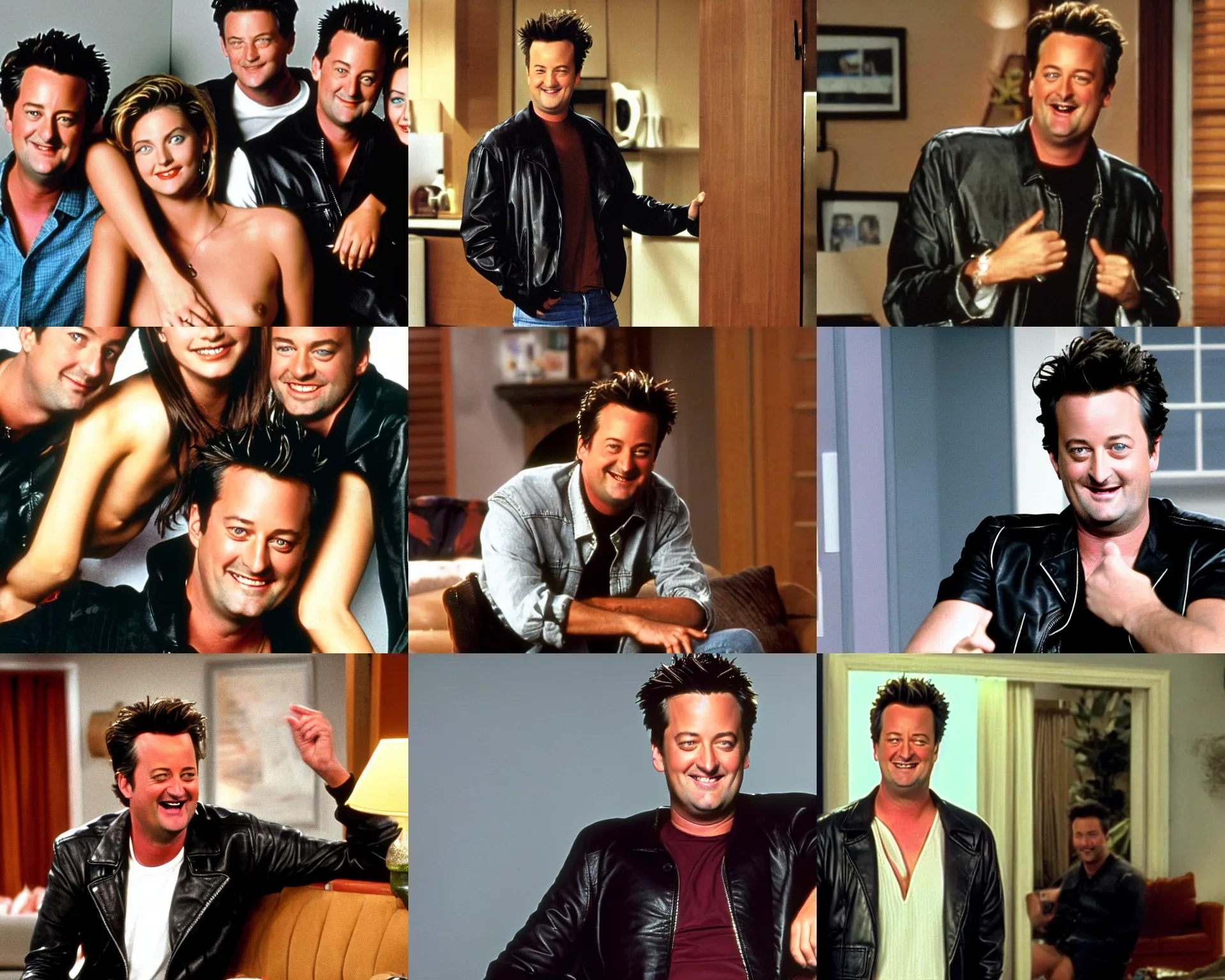 Prompt: matthew perry in his apartment smiling grinning wearing only a black leather jacket with bare chest exposed, looking at the camera, friends 9 0 s tv show screenshot