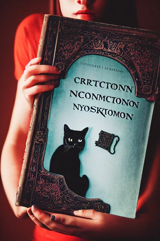 Image similar to photo of bright girl, her cat and her book of necronomicon, symmetrical, cinematic, real dlsr photography, sharp focus, 4 k, ultra hd, sense of awe, sinister demonic atmosphere, dreadful, forbidden knowledge, horrors journal cover