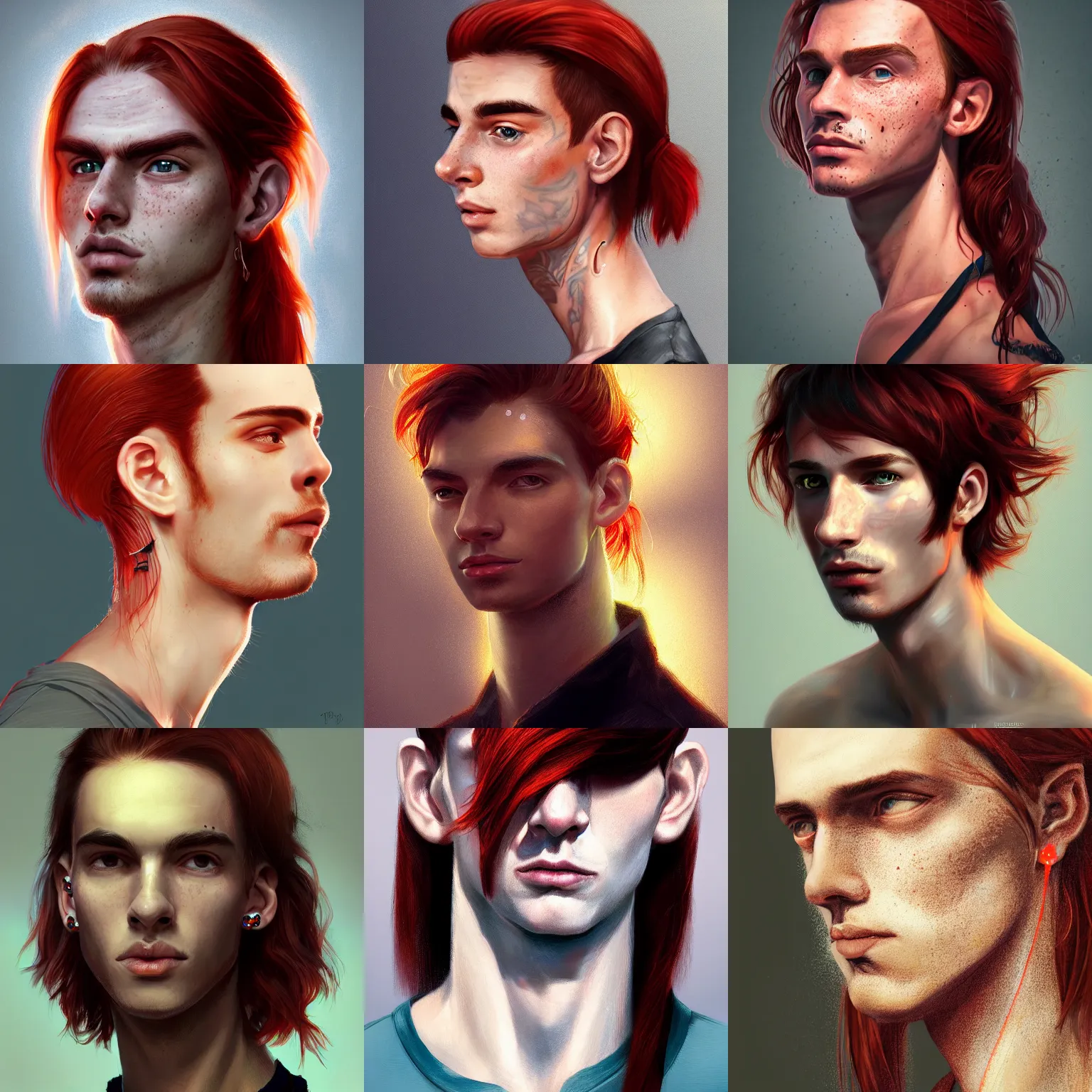 Image similar to portrait of a thin young man with long red hair, ponytail, a lot of freckles on his face, an earring, intricate, elegant, glowing lights, highly detailed, digital painting, artstation, concept art, smooth, sharp focus, illustration