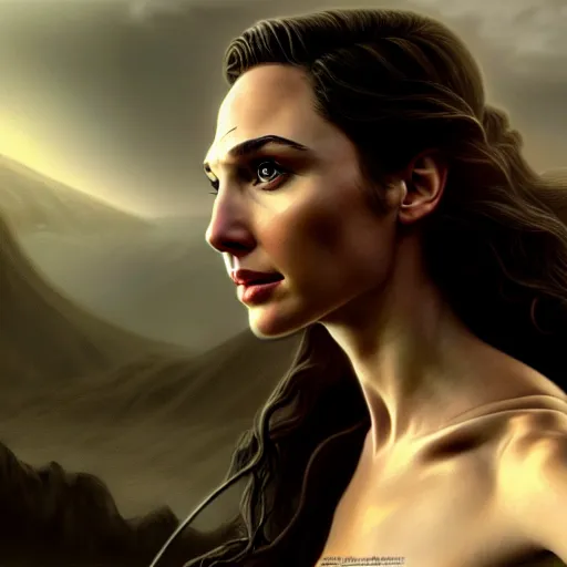 Image similar to An enchanting portrait of Gal Gadot as Galadriel, evening, detailed matte painting, cinematic, Alan Lee, Artstation