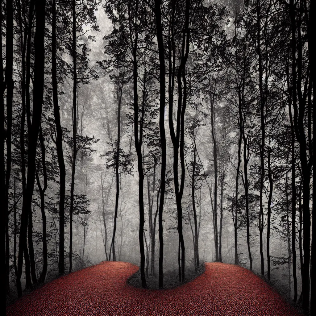 Image similar to forest path by, mads berg, karolis strautniekas, film noir, stippled light, dramatic lighting, editorial illustration, detailed, fine texture, matte print, art deco, brutalism, dark blue + dark orange, red, black, ( ( habitat 6 7 background ) )