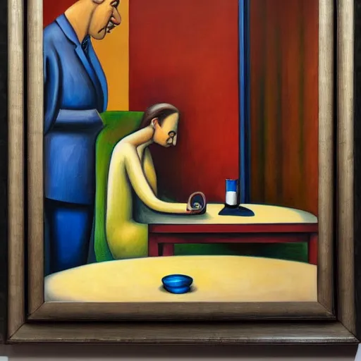 Image similar to people with empty bowl heads, blank stares, dystopian, pj crook, edward hopper, oil on canvas