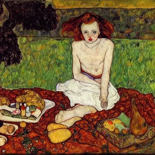 Prompt: girl at a picnic,, by Egon Schiele