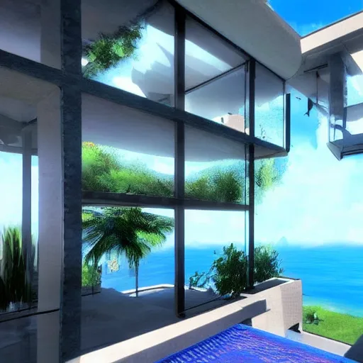 Prompt: video game set inside a beautiful futuristic mansion, mirror's edge, clean, views to the ocean