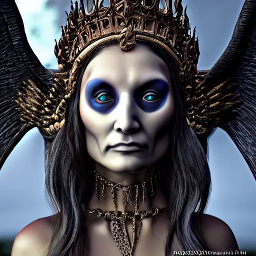 Image similar to cinestill - 5 0 d - candid photographic close - up - portrait, goddess of death, by anne stokes, photorealism, uhd - resolution, rendered in blender, cgi, hyperdetailed