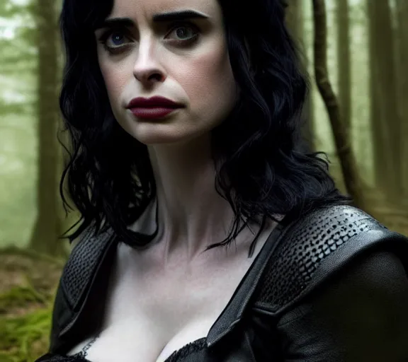 Image similar to 5 5 mm close up portrait photo of krysten ritter as yennefer of vengerberg in black leather armor and black hair, in a forest. magical atmosphere. art by greg rutkowski. lifelike. very detailed 8 k. intricate. soft light. nikon d 8 5 0.