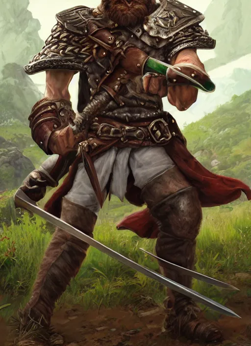 Image similar to strong young man, photorealistic bugbear ranger holding sword, fire magic, black beard, dungeons and dragons, pathfinder, roleplaying game art, hunters gear, jeweled ornate leather and steel armour, concept art, character design on white background, by norman rockwell, makoto shinkai, kim jung giu, artstation trending, poster art, colours red and green