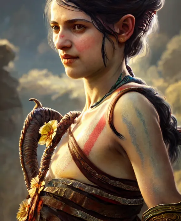 Image similar to anya chalotra as a character in god of war, mottled coloring, adorable, childlike, pastoral environment, ultra realistic, concept art, art nouveau, photorealistic, octane render, 8 k, unreal engine. art by christopher marley and artgerm and greg rutkowski and alphonse mucha