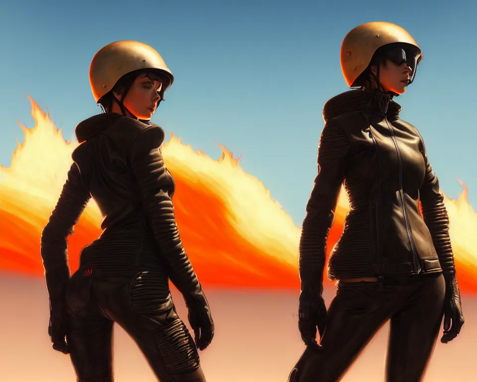 Image similar to a ultradetailed beautiful panting of post apocalyptic woman biker in leather jacket with helmet in front of burning desert, by ilya kuvshinov, greg rutkowski and makoto shinkai, trending on artstation